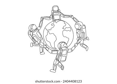 Single continuous line drawing a group of astronauts make a circle around the globe. With pride and joy can protect the earth. Cosmonauts protect the earth. Care. One line design vector illustration