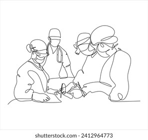 Single continuous single line drawing group of team surgeon doctor doing surgery operation to the patient with critical condition. Operating surgery concept one line draw design vector illustration