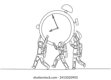 Single continuous line drawing group of astronauts work together carrying alarm clock. Appreciate the time. Time is the greatest asset. Cosmonaut. Space expedition. One line design vector illustration
