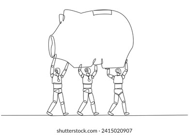 Single continuous line drawing group of robots work together carrying a piggy bank. Reminding the importance of investment. Not wasteful. Future technology concept. One line design vector illustration