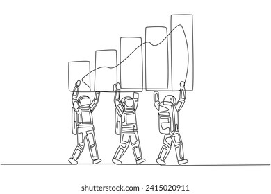Single continuous line drawing group of astronauts work together carry a graphic chart. Shares increased significantly. Passionate about going on space expedition. One line design vector illustration