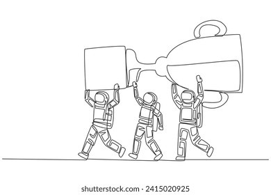 Single continuous line drawing a group of astronauts work together carrying the trophy. Win a space science competition. Beautiful memories. Cosmonaut. Spaceman. One line design vector illustration