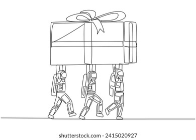 Single continuous line drawing group of astronauts work together to carrying gift box. A successful space expedition mission. Award. Achievement. Cosmonaut space. One line design vector illustration