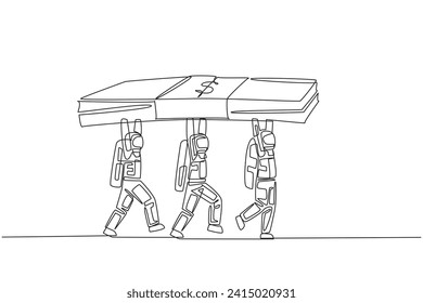 Single continuous line drawing group of astronauts working together carrying stack of banknotes. Work hard together. Mutual benefit. Cosmonaut outer space concept. One line design vector illustration
