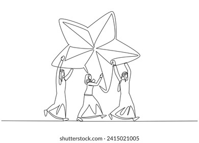 Single continuous line drawing a group of Arab businessmen and Arab businesswomen work together carrying star. Strengthen each other. Achieving dreams together. One line design vector illustration