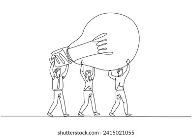 Single continuous line drawing a group of businessmen and businesswomen work together to carrying a lightbulb. Providing innovation. Brilliant idea. Enlightening. One line design vector illustration