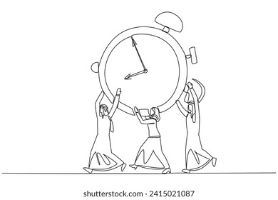 Single continuous line drawing a group of Arab businessmen and Arab businesswomen work together carrying alarm clock. Great collaboration. Work completed on time. One line design vector illustration