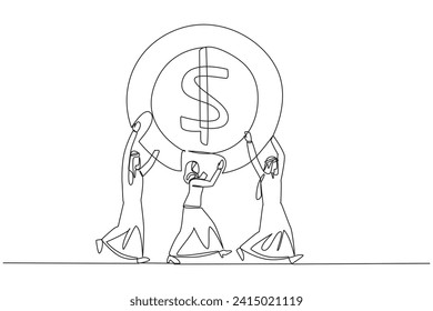 Single continuous line drawing group of Arab businessmen and Arab businesswomen work together carry a dollar symbol coin. Small capital for large profits. Success. One line design vector illustration