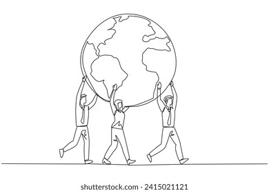 Un único grupo de dibujo de línea continua de hombres de negocios y empresarias trabajando juntos para transportar globo. Apertura de una nueva rama de negocio. Ubicación estratégica y rentable. Ilustración vectorial de diseño de una línea