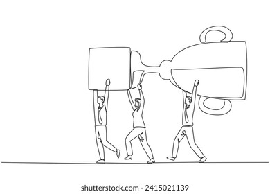 Single continuous line drawing a group of businessmen and businesswomen work together carrying the trophy. Hard work, teamwork, smart work. Satisfactory result. One line design vector illustration