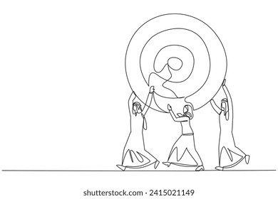 Single continuous line drawing group of Arab businessmen and Arab businesswomen work together carrying arrow target board. Work hard. Focus on achieving success. One line design vector illustration