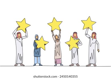 Single continuous line drawing group of three Arabian men and two Arabian women raised their respective stars. Give positive feedback and the best review. 5 star. Online shop. One line design vector