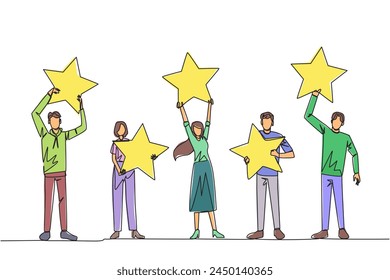 Single continuous line drawing a group of three men and two women raised their respective stars. Give positive feedback and the best review. 5 star. Online shop. One line design vector illustration