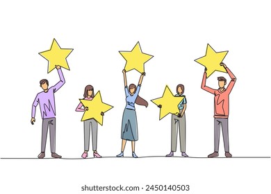 Single continuous line drawing a group of women and men raised their respective stars. Give positive feedback and the best review. 5 star. Online shop. E-commerce. One line design vector illustration