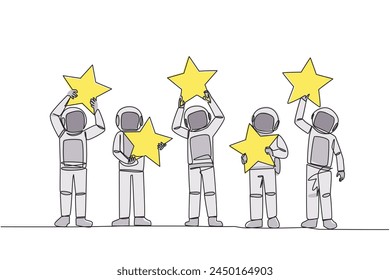 Single continuous line drawing group of five astronauts raised their respective stars. Give positive feedback and the best review. 5 star. Online shop. Cosmic deep space. One line vector illustration