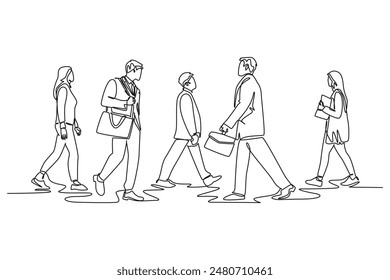 Single continuous line drawing group urban male and female commuters walking every day on city road go to the office. Urban commuter workers. Dynamic one line draw graphic design vector illustration