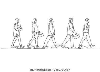 Single continuous line drawing group male and female urban commuters walking pass over on city street go to the office. Urban commuter workers. Dynamic one line draw graphic design vector illustration