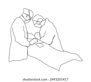 Single continuous single line drawing group of team surgeon doctor doing surgery operation to the patient with critical condition. Operating surgery concept one line draw design vector illustration