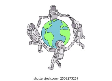 Single continuous line drawing a group of astronauts make a circle around the globe. With pride and joy can protect the earth. Cosmonauts protect the earth. Care. One line design vector illustration