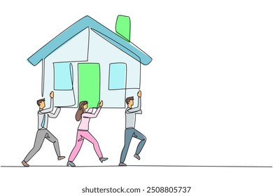 Single continuous line drawing a group of businessmen and businesswomen work together carrying a miniature house. Investment. Secure property prices before rise. One line design vector illustration