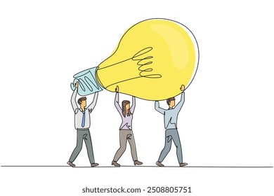 Single continuous line drawing a group of businessmen and businesswomen work together to carrying a lightbulb. Providing innovation. Brilliant idea. Enlightening. One line design vector illustration