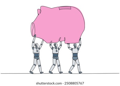 Um único grupo de robôs de desenho de linha contínua trabalham juntos carregando um mealheiro. Lembrando a importância do investimento. Não é um desperdício. Conceito de tecnologia do futuro. Ilustração de vetor de design de uma linha