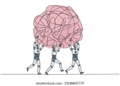 Single continuous line drawing group of robots work together carrying heavy messy circle. Get rid of sadness. Without stress and excessive anxiety. Future tech AI. One line design vector illustration