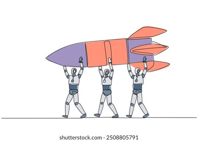 Single continuous line drawing a group of robots work together carrying a rocket. New branch. Managed reliably by the smartest robots. Profit. Future technology. One line design vector illustration