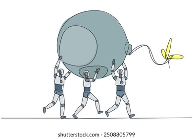 Single continuous line drawing group of robots work together carrying a big bomb with fuse lit. Hazard detector. Get rid of distractions. Future technology concept. One line design vector illustration