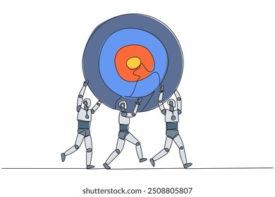 Single continuous line drawing group of robots work together carrying arrow target board. Work together towards a common dream. Focus on being the best. Technology. One line design vector illustration