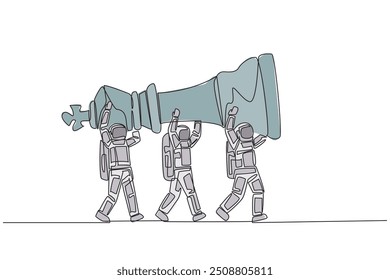 Single continuous line drawing a group of astronauts work together carrying the king's chess pieces. Set the rhythm. Think about the strategy carefully. Cosmonaut. One line design vector illustration