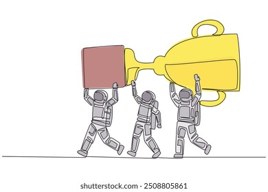 Single continuous line drawing a group of astronauts work together carrying the trophy. Win a space science competition. Beautiful memories. Cosmonaut. Spaceman. One line design vector illustration