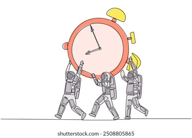 Single continuous line drawing group of astronauts work together carrying alarm clock. Appreciate the time. Time is the greatest asset. Cosmonaut. Space expedition. One line design vector illustration