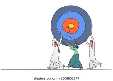 Single continuous line drawing group of Arab businessmen and Arab businesswomen work together carrying arrow target board. Work hard. Focus on achieving success. One line design vector illustration