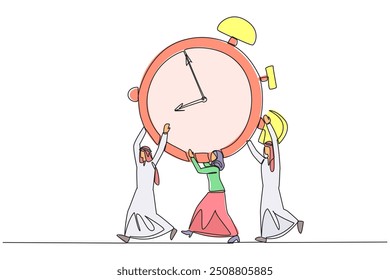 Single continuous line drawing a group of Arab businessmen and Arab businesswomen work together carrying alarm clock. Great collaboration. Work completed on time. One line design vector illustration