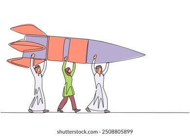 Single continuous line drawing a group of Arab businessmen and Arab businesswomen work together carrying a rocket. Collaboration makes business successful. Profit. One line design vector illustration