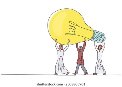 Single continuous line drawing a group of Arab businessmen and Arab businesswomen work together to carrying a lightbulb. Bring brilliant ideas. Looking for profit. One line design vector illustration