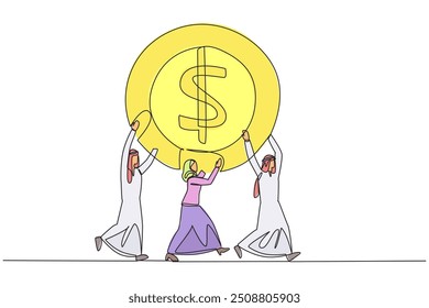 Single continuous line drawing group of Arab businessmen and Arab businesswomen work together carry a dollar symbol coin. Small capital for large profits. Success. One line design vector illustration