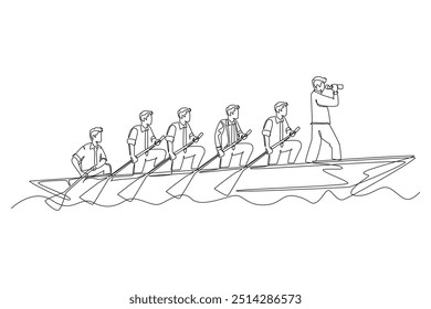 Single continuous line drawing group of male team member take boat heading to an island while leader navigate them using binocular. Teamwork concept. One line draw graphic design vector illustration