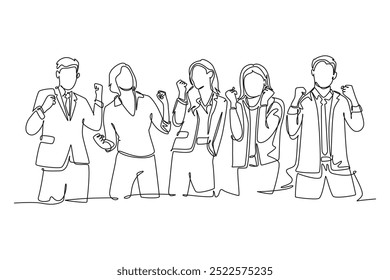 Single continuous line drawing group of happy CEO and his colleagues celebrating their successful to achieving company business target. Team work goal. One line draw graphic design vector illustration