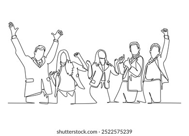 Grupo de desenho de linha única contínua de gerente masculino e feminino comemorando seu sucesso alcançar a meta financeira do negócio. Conceito de meta de trabalho em equipe. Ilustração de vetor de design gráfico com desenho de uma linha