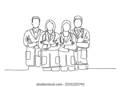 Single continuous line drawing group of male and female doctor line up to celebrate their successful surgery operation. Team work services healthcare. One line draw graphic design vector illustration