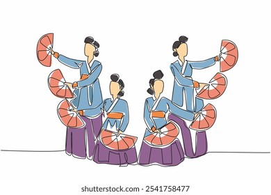 Un solo grupo de dibujo de línea continua de mujeres con Hanbok posando haciendo baile de fans. Introducir las tradiciones de una manera única. Costumbres locales. Día del Baile de los Aficionados. Ilustración vectorial de diseño de una línea