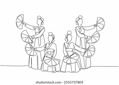 Single continuous line drawing group of women wearing Hanbok posing doing fan dance. Introducing traditions in a unique way. Local customs. Art. Fan Dance Day. One line design vector illustration