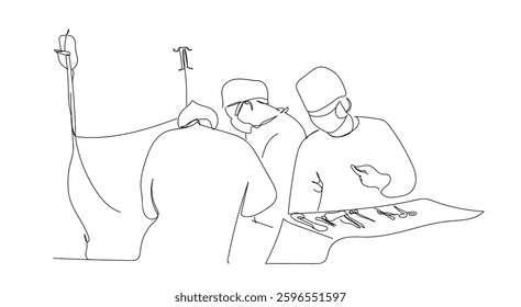 Single continuous single line drawing group of team surgeon doctor doing surgery operation to the patient with critical condition. Operating surgery concept. Hand made vector not Al
