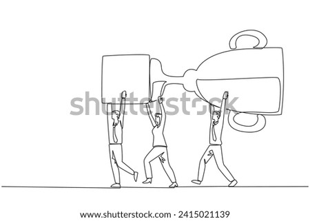 Single continuous line drawing a group of businessmen and businesswomen work together carrying the trophy. Hard work, teamwork, smart work. Satisfactory result. One line design vector illustration