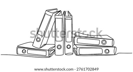 A single continuous line drawing of a group of office ring binders stacked for organization tasks. Vector, illustration