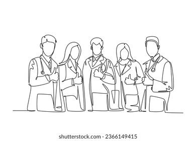 Single continuous line drawing groups of young smart happy doctors giving thumbs up gesture for best healthcare service in hospital. Medical team work. One line draw graphic design vector illustration