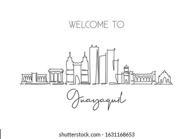 Linha contínua única desenhando a cidade de Guayaquil horizonte Equador. Famoso cartão postal de paisagem raspador da cidade. Conceito de destino de viagem mundial. Traçado editável moderno uma linha desenhar desenho vetor ilustração