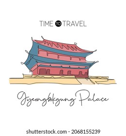 Single continuous line drawing Gyeongbokgung Palace landmark. Beautiful famous place in Seoul, Korea. World travel home wall decor poster print concept. Modern one line draw design vector illustration